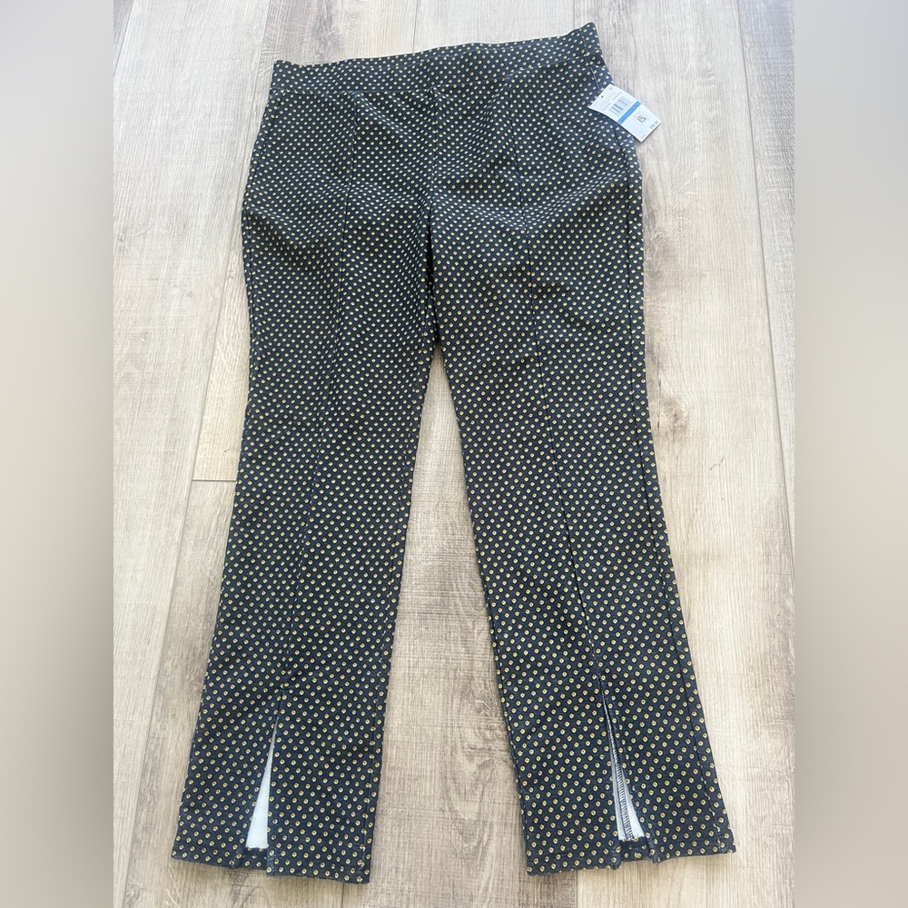 NWT Michael Kors XL Navy Blue Gold Stretch pull on pant Dressy Legging Split Hem